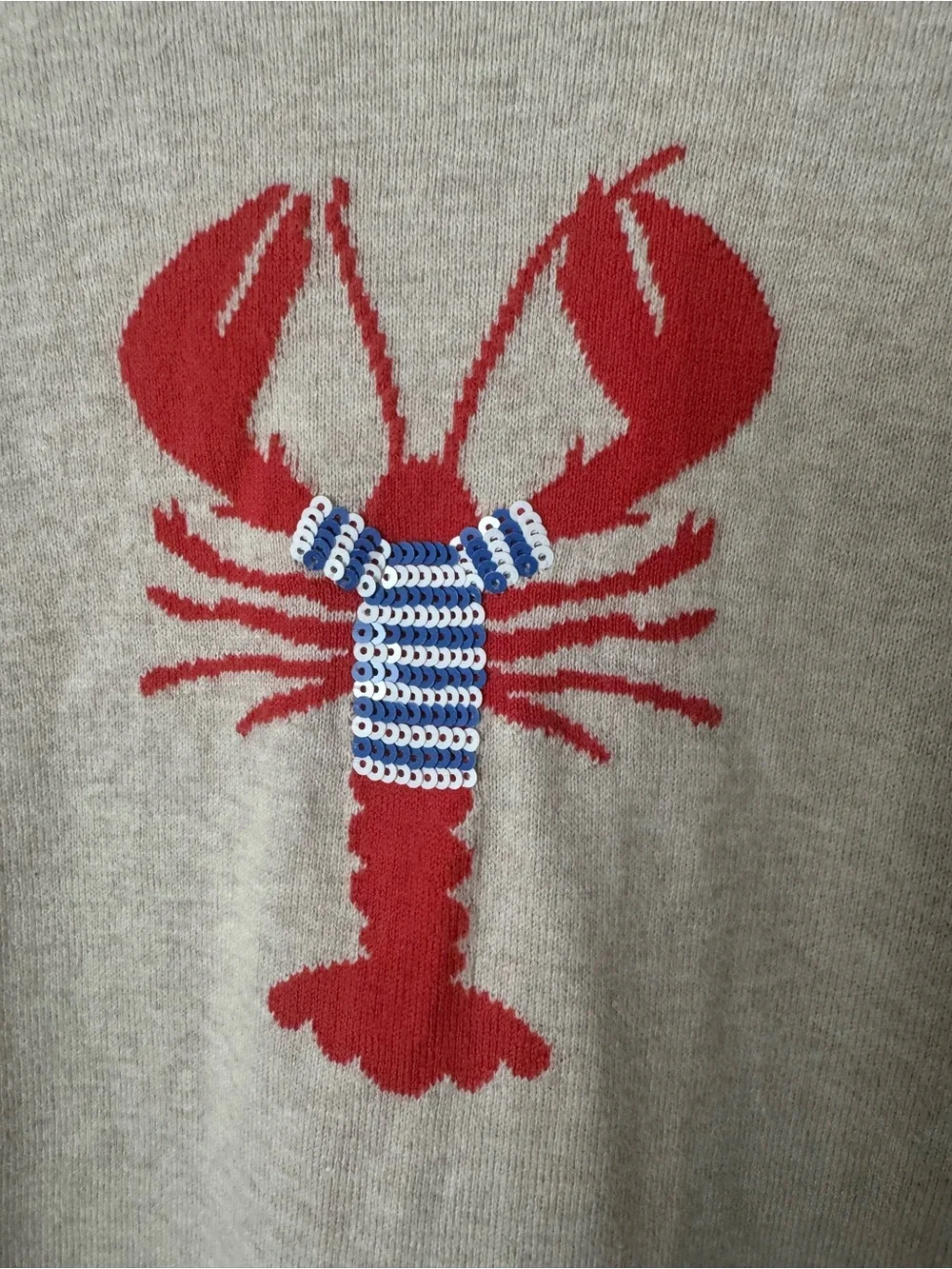 J. Crew Beige Crewneck Sweater with Red & Blue Lobster